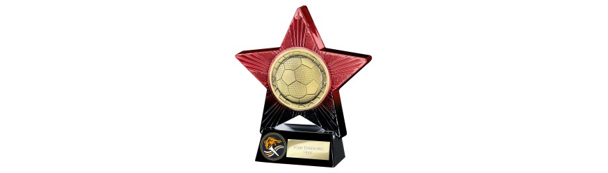 SUPERSTAR RED FOOTBALL RESIN TROPHY - 2 SIZES 11CM & 14CM